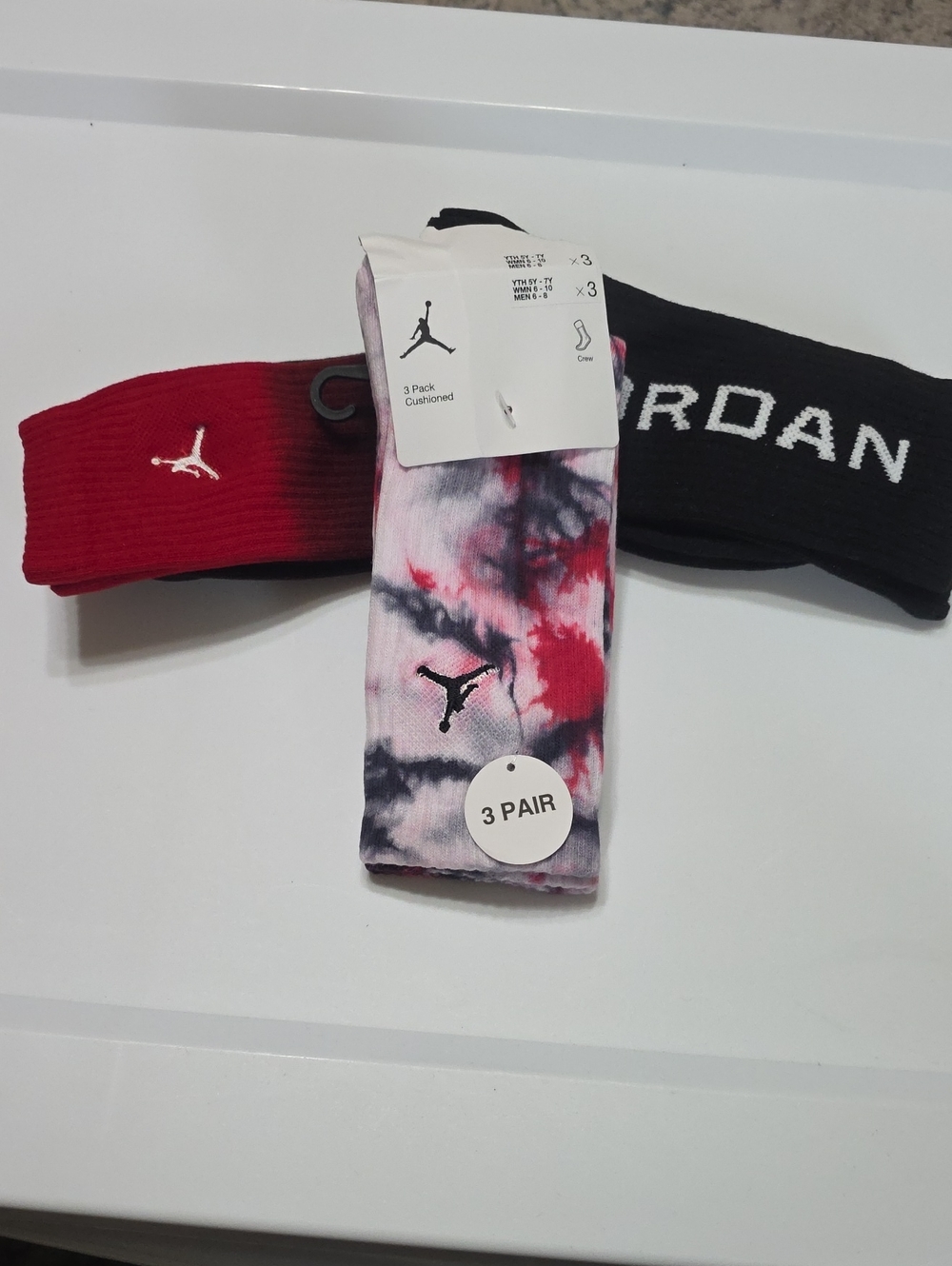 Jordan 3-Pack Crew Socks - Red, Black, Tie-Dye